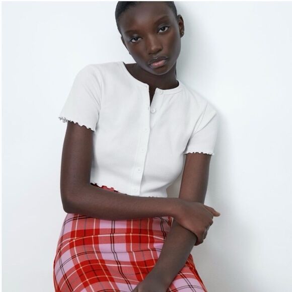 NET Zara Red/Pink Check Pencil Skirt - Picture 4 of 10